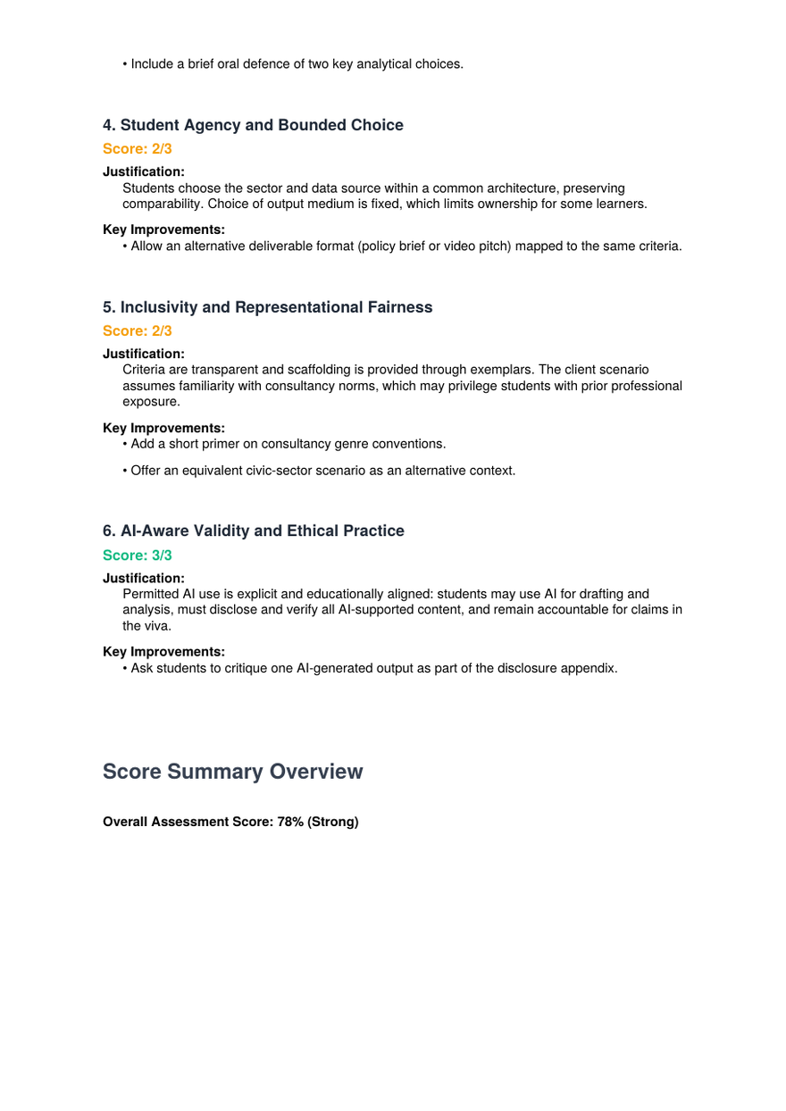 Evaluation report page with per-dimension scores, evidence, and recommendations