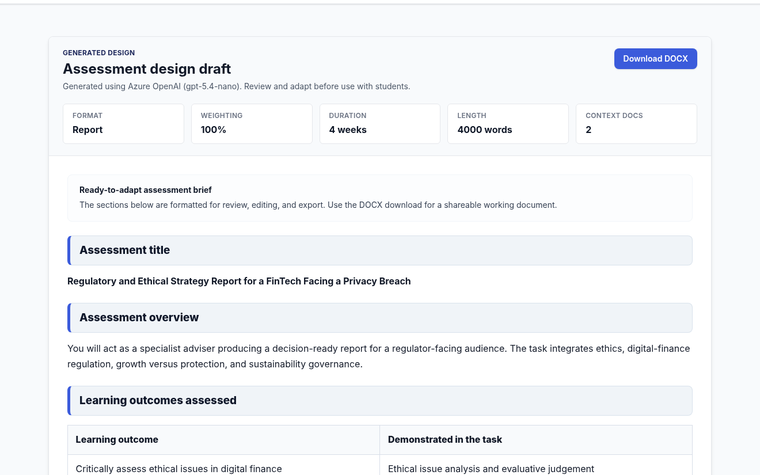 Generated assessment design shown inside the Studio